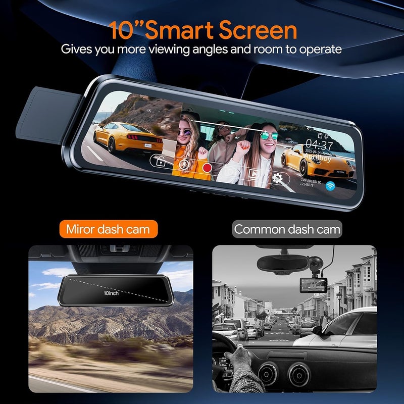 Aprilboy 3 Channel Mirror Dash Camera for Cars, 10" Triple Rear View Mirror with Front 4K/3K, Inside and Rear 1080P with WiFi, G-Sensor, Night Vision, Reverse Assist, Parking Monitoring - Image 5